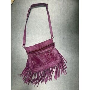 Las Pepas Pink Fringe Bullhode Leather Shoulder Bag Crossbody Festival Boho Purs